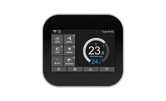 Luxuriöser digitaler WLAN-Thermostat mit Touchscreen. Moderne Wandsteuerung für Hotels und Apartments.